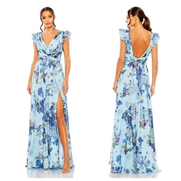Mac Duggal Floral Print Flutter Sleeve Chiffon Gown Blue Multi Womens Size 6 NWT - Picture 2 of 12